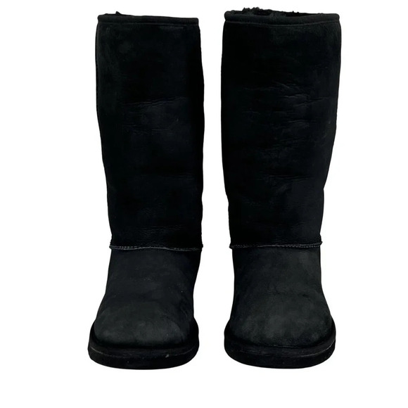 Ugg Womens 6 Black Genuine Leather & Sheepskin Tall Winter Boots Snow Sports Fun - Picture 4 of 16